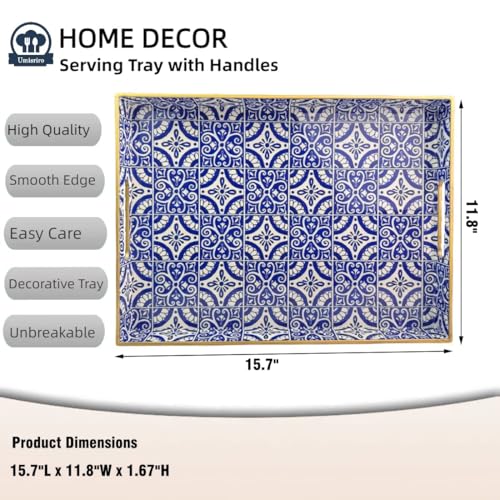 Umisriro Serving Tray with Handles, Rectangular Decorative Trays for Coffee Table, Plastic Ottoman Tray for Living Room, Decor, Boho Blue, 15.7”*11.8”*1.6" - Image 3