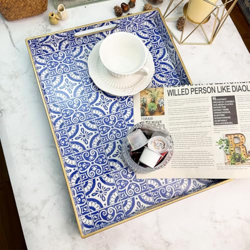 Umisriro Serving Tray with Handles, Rectangular Decorative Trays for Coffee Table, Plastic Ottoman Tray for Living Room, Decor, Boho Blue, 15.7”*11.8”*1.6" - Image 5