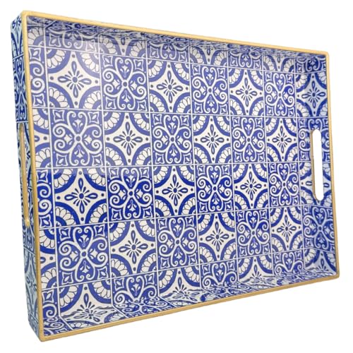 Umisriro Serving Tray with Handles, Rectangular Decorative Trays for Coffee Table, Plastic Ottoman Tray for Living Room, Decor, Boho Blue, 15.7”*11.8”*1.6" - Image 1