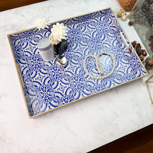 Umisriro Serving Tray with Handles, Rectangular Decorative Trays for Coffee Table, Plastic Ottoman Tray for Living Room, Decor, Boho Blue, 15.7”*11.8”*1.6" - Image 4
