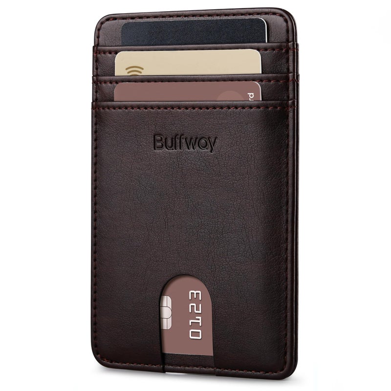 Buffway Mens Slim Wallet, Minimalist Thin Front Pocket Leather Credit Card Holder with RFID Blocking for Work Travel - Pebble Brown - Image 1