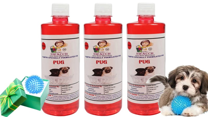 swacch Shampoo | Puppy Safe Shampoo | PH Balanced | Ditch to Itch for Pug Dog Shampoo 500ml Pack of 3 (Jasmine) + Spike Ball Chew Toy Combo Pack - Image 1