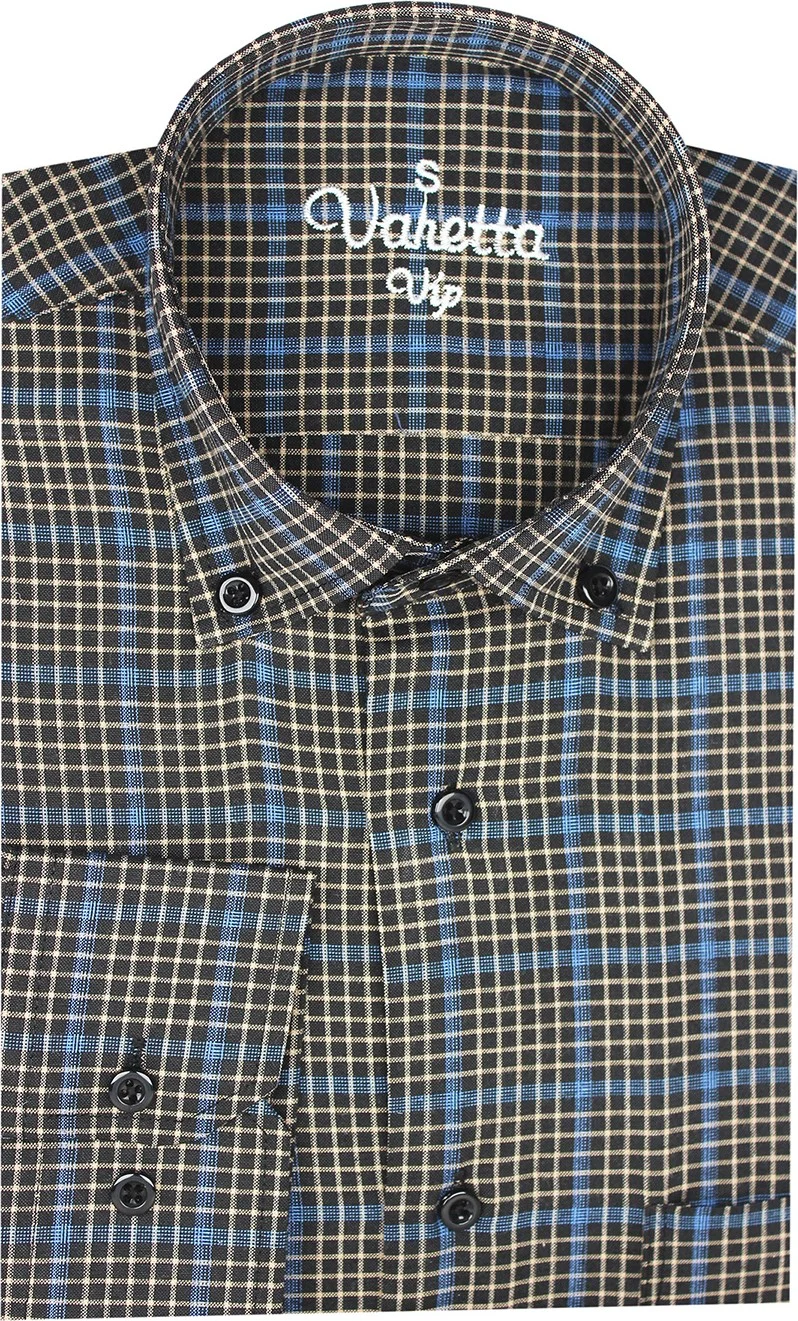 فاريتا Men's Black Blue Classic Cut Check Collar Buttoned One Pocket Long Sleeve Shirt