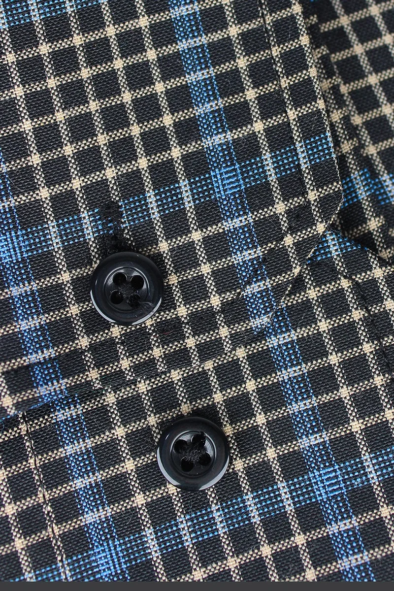 فاريتا Men's Black Blue Classic Cut Check Collar Buttoned One Pocket Long Sleeve Shirt