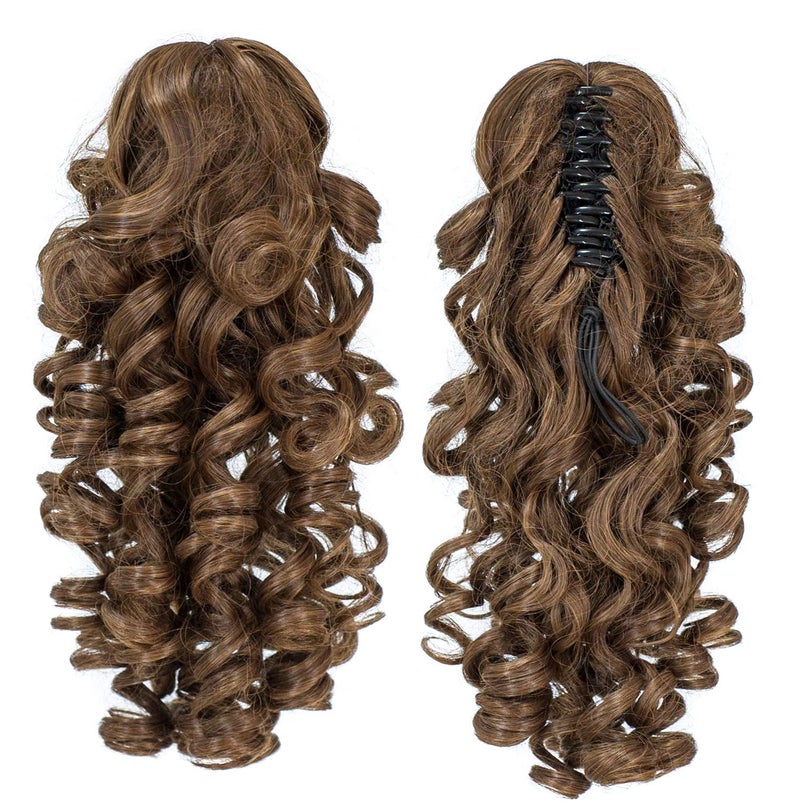 SWACC 12-Inch Short Screw Curls Claw Clip Ponytail Extensions Synthetic Clip in Drawstring Curly Ponytail Hairpiece Jaw Clip Hair Extension (Dark Brown Medium Auburn Mixed-4/30#) - Image 1