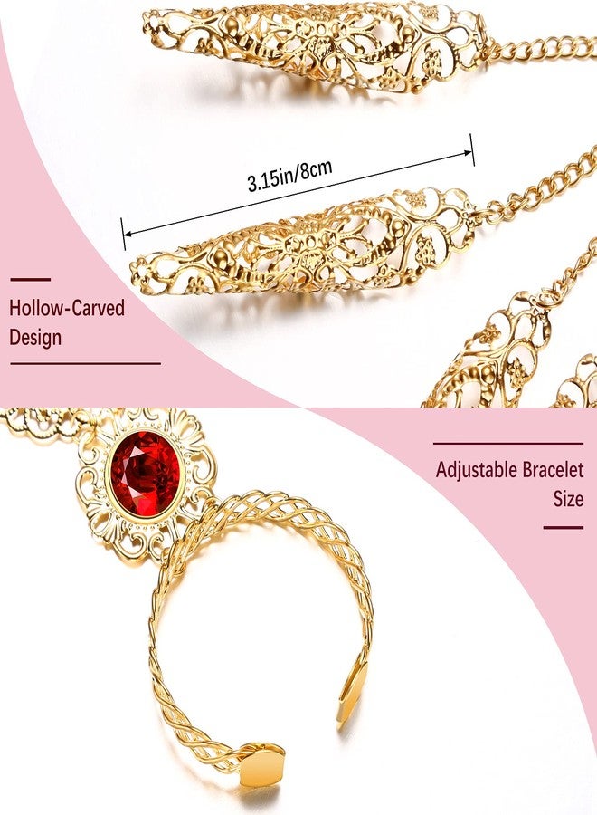 Maitys 2 Pcs Gold Bracelets Inlaid with Acrylic Women Belly Dance Gypsy Egyptian Bracelet with Finger Nails Halloween Costume (Ruby) - Image 3