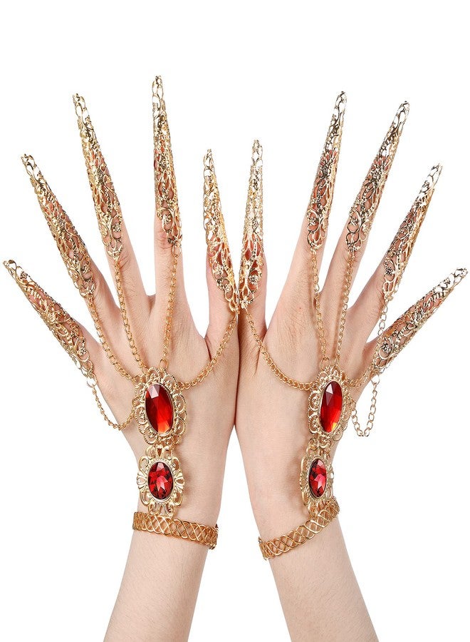 Maitys 2 Pcs Gold Bracelets Inlaid with Acrylic Women Belly Dance Gypsy Egyptian Bracelet with Finger Nails Halloween Costume (Ruby) - Image 1