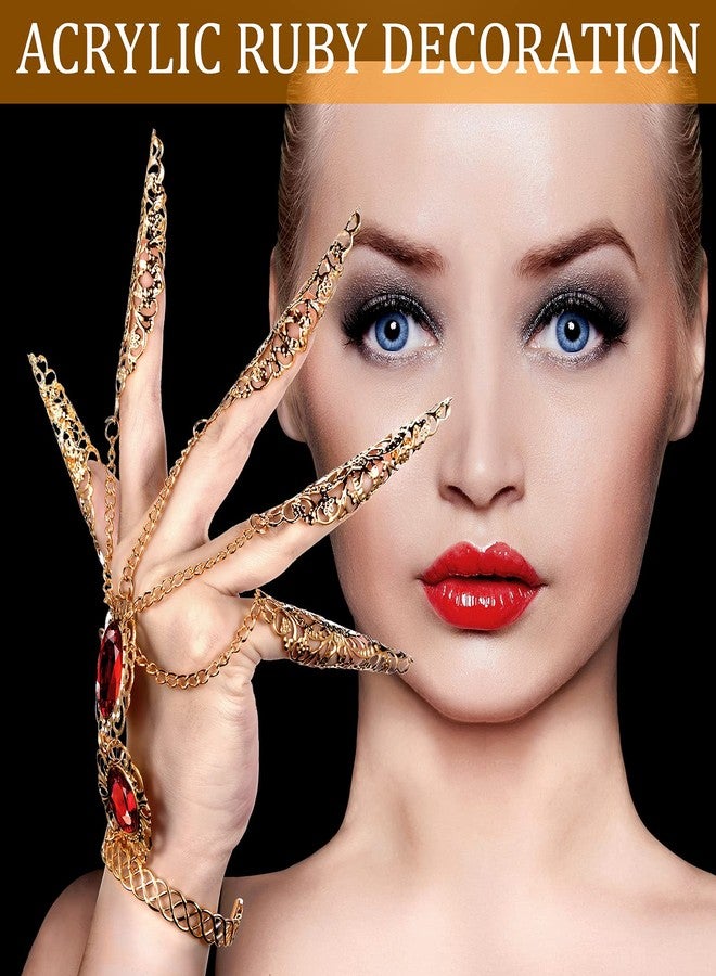 Maitys 2 Pcs Gold Bracelets Inlaid with Acrylic Women Belly Dance Gypsy Egyptian Bracelet with Finger Nails Halloween Costume (Ruby) - Image 4