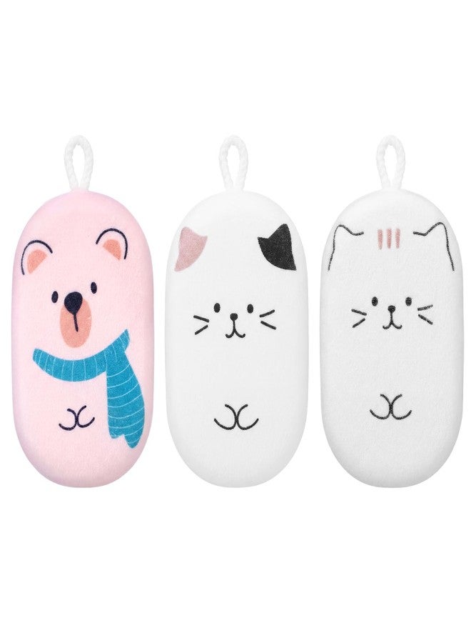 Ferrochef 3 Pcs Bath Loofah Sponge Animal Pattern Design Loofah Sponge Soft Exfoliating Body Scrubber for Shower Gentle Skin(White,Pink,Bear,Cat - Image 1
