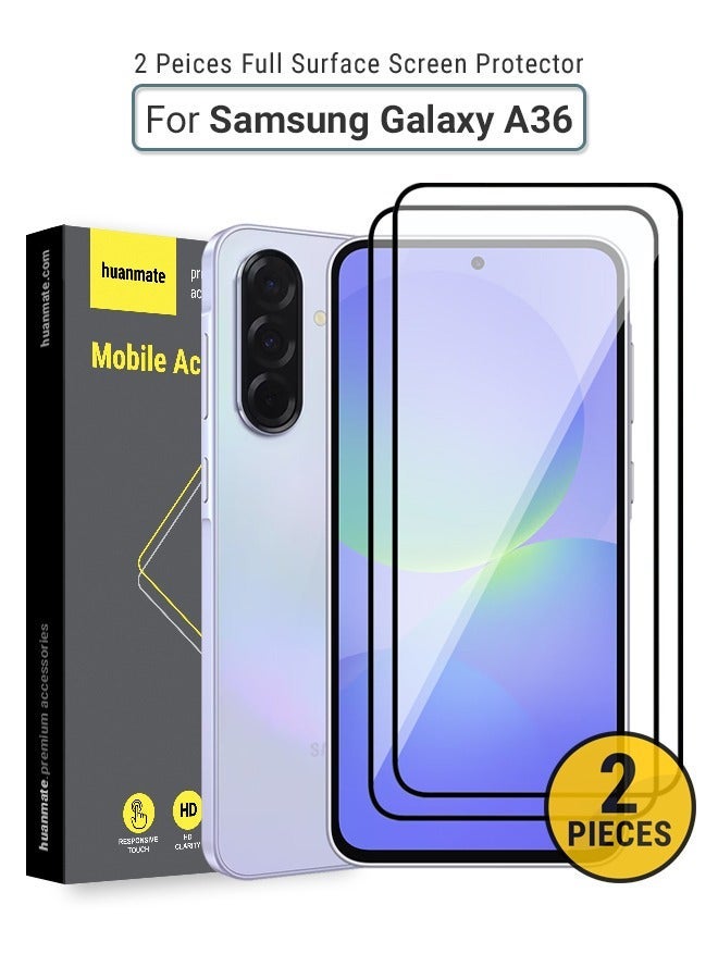 huanmate 2 Pieces Samsung Galaxy A36 Screen Protector – Premium Edge to Edge Tempered Glass, High Transparency, Delicate Touch, Anti-Explosion, Smooth Arc Edges, Easy Installation - Image 1