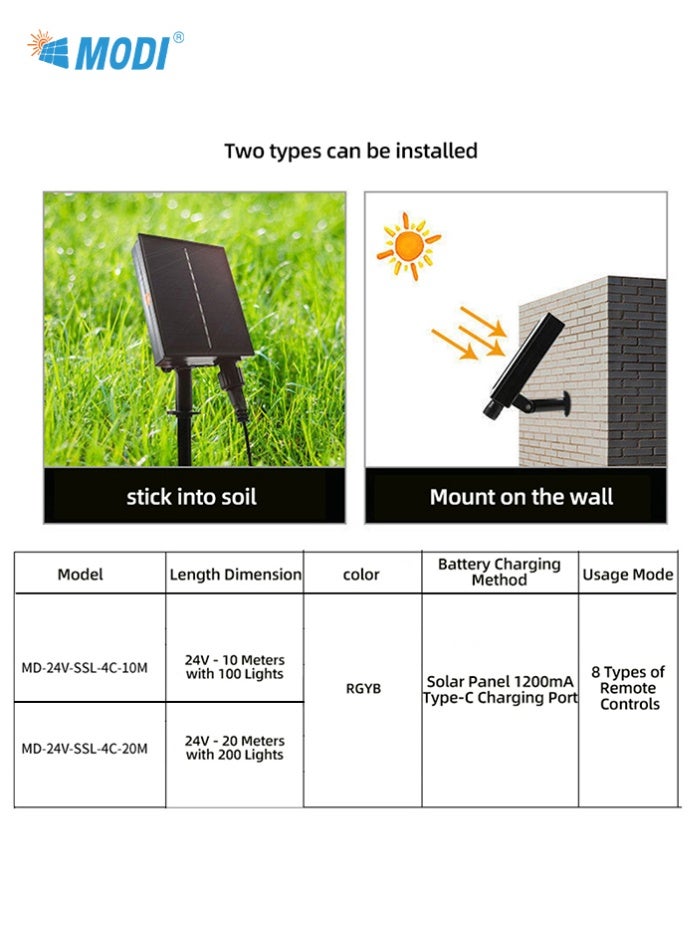 MODI Solar LED String Lights 24V 7W RGB 4-Color | 8 Lighting Modes with Remote Control & Timer | USB & Solar Dual Power | Waterproof Outdoor Decorative Lights for Garden, Patio, Party, Christmas - Image 5