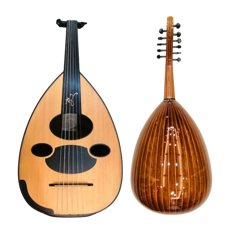 موسيقى الكرز عود موسيقي زرياب موديل عراقي رقم 3 وجه سيدار ظهر مقنو فرنسي مفاتيح ابانوس أوتار ارورا