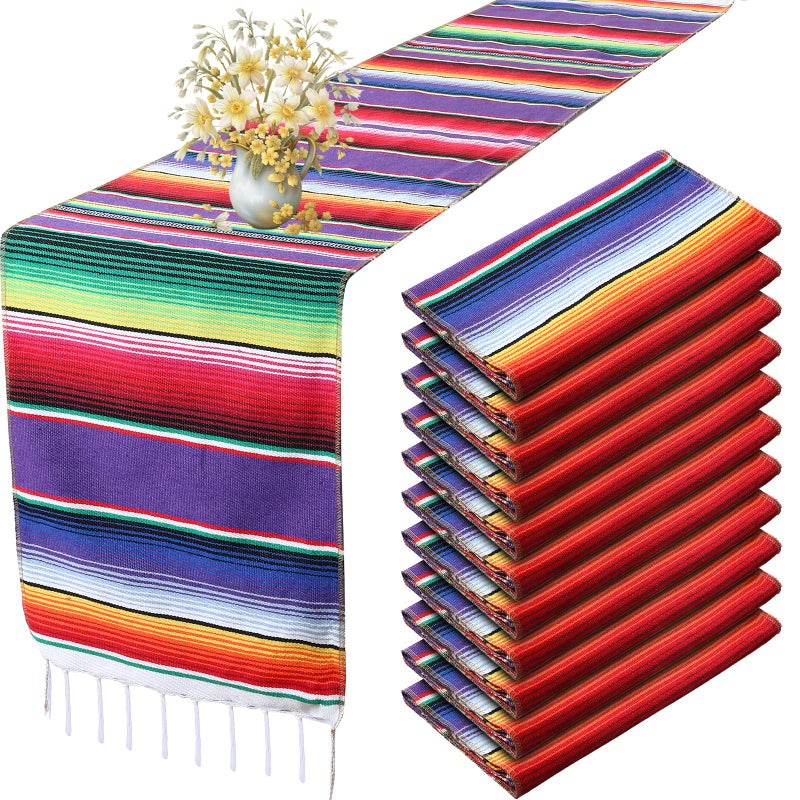 Tegeme Tegeme 12 Pcs Mexican Table Runners 14 x 84 Inch Mexican Serape Table Runner Decor Blanket Fringe Cotton Table Runner Decoration for Cinco De Mayo Party WeddingClassic Style 