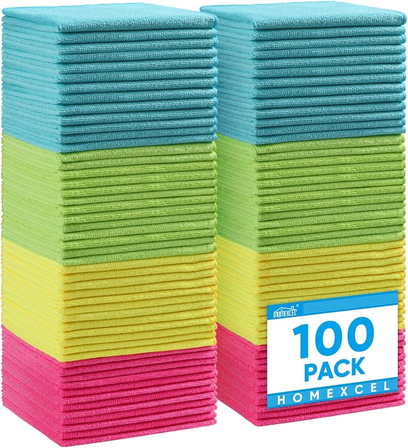 HOMEXCEL Microfiber Cleaning Cloths - 100 Pack Assorted Colors (Green, Blue, Yellow, Pink) - 11.5" x 11.5" - Image 1
