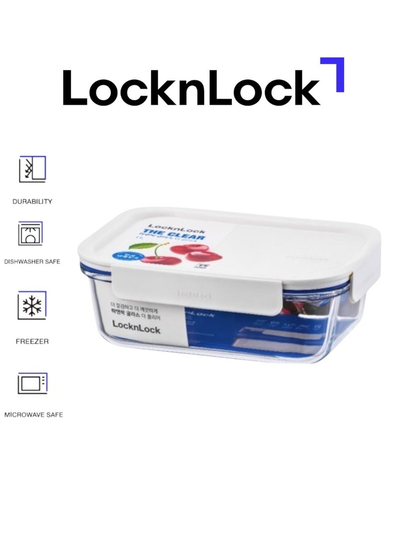 LocknLock Clear Glass Rectangular 1L White - Durable, Airtight, Heat-Resistant Food Storage Container - Image 1