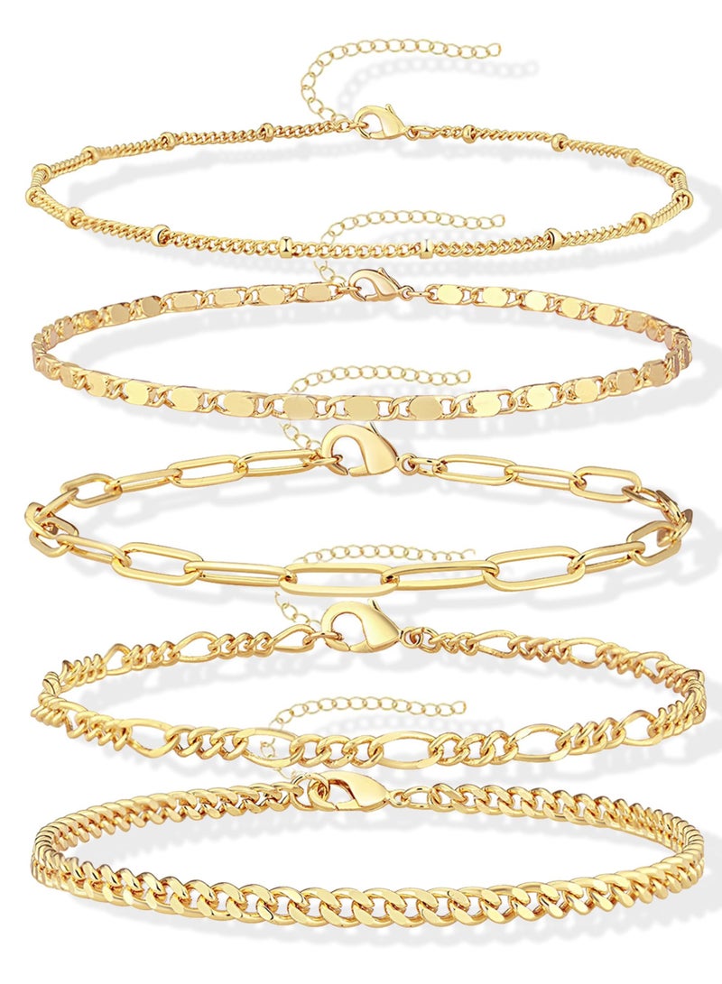 Gold Bracelets Set for Women, 14K Gold Plated Dainty Stackable Paperclip Cuban Link Chain Bracelets – Simple Cute Cuff Bracelet Jewelry Set, Adjustable 17.8 cm + 5.1 cm - Image 1