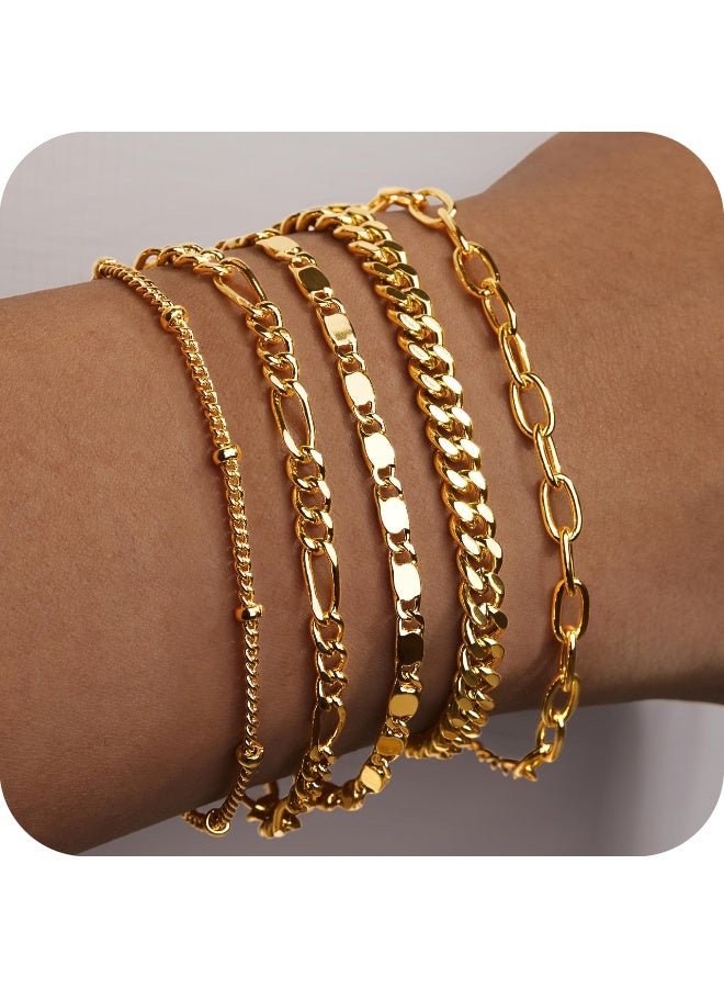 Gold Bracelets Set for Women, 14K Gold Plated Dainty Stackable Paperclip Cuban Link Chain Bracelets – Simple Cute Cuff Bracelet Jewelry Set, Adjustable 17.8 cm + 5.1 cm - Image 2