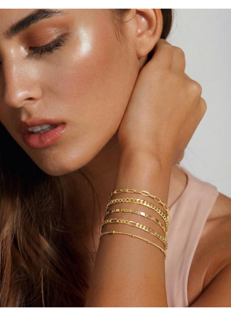 Gold Bracelets Set for Women, 14K Gold Plated Dainty Stackable Paperclip Cuban Link Chain Bracelets – Simple Cute Cuff Bracelet Jewelry Set, Adjustable 17.8 cm + 5.1 cm - Image 4