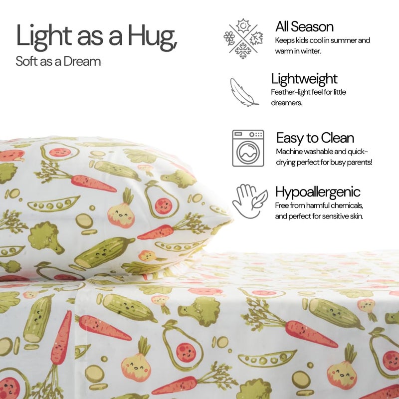 Salt Earth 100% Cotton 210TC Kids Bedsheet, Twin Sheets Set for Toddler Bed, 3 Piece Bedding Set Including Flat Sheet, Fitted Sheet, and Pillowcase, Themed Sheets for a Playful Kids Bed (Veggie) - Image 3
