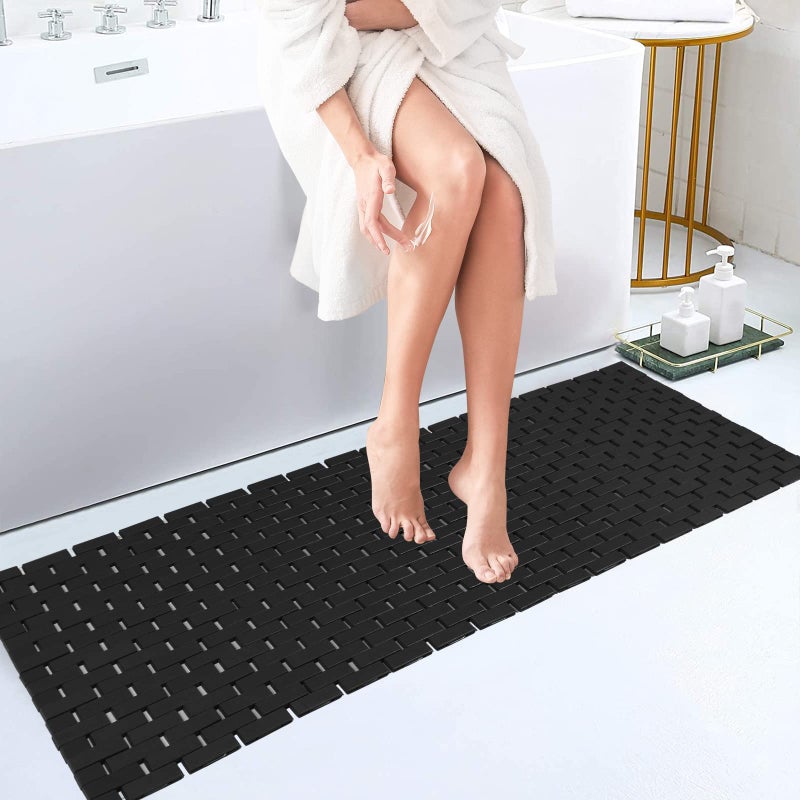 Fovlaurs Bambo Bath Mat Bathroom Runner Long Large Rugs Floor Wood Shower Bathtub Waterproof Non Slip Accessories 16x48 Inch Easy to CleanBlack1 pc