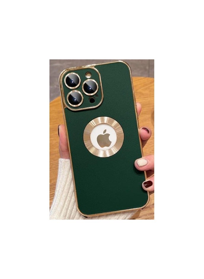 Soft TPU Back Cover with Luxury Logo Cutouts and Lens Protection in Gold Frame for iPhone 13 Pro Max (Dark Green) 