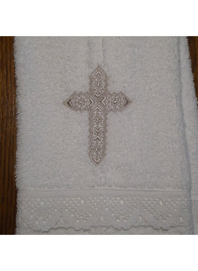 Integrity Designs Baby Baptism Towel with Cross Embroidery and Lace - Image 2