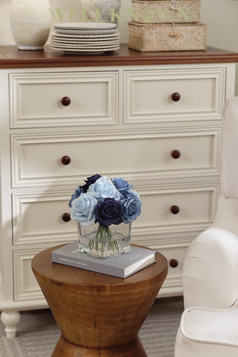 WELL KNOWN Rose Artificial Flowers in Vase with Faux Water, Silk Rose Table Centerpieces for Home Coffee Table Decor, Fake Roses Flower Arrangements for Office Hotel Lavatory Decor (Blue) - Image 4
