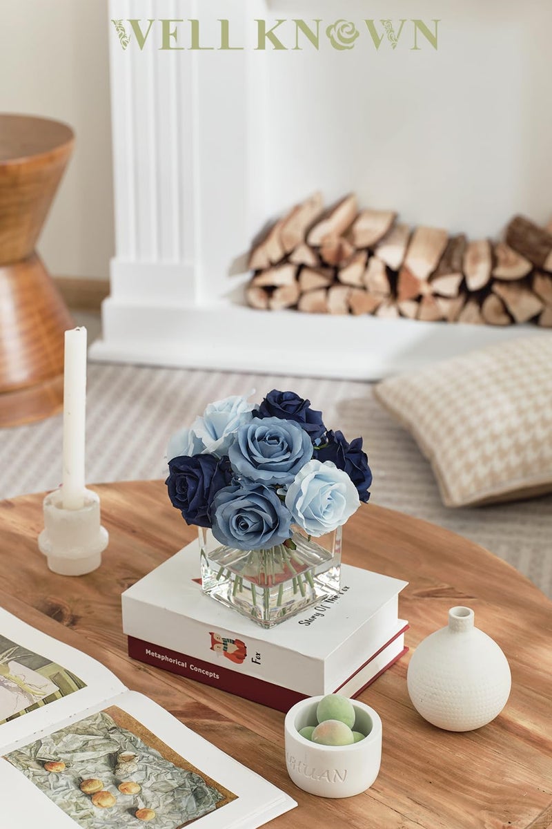 WELL KNOWN Rose Artificial Flowers in Vase with Faux Water, Silk Rose Table Centerpieces for Home Coffee Table Decor, Fake Roses Flower Arrangements for Office Hotel Lavatory Decor (Blue) - Image 3