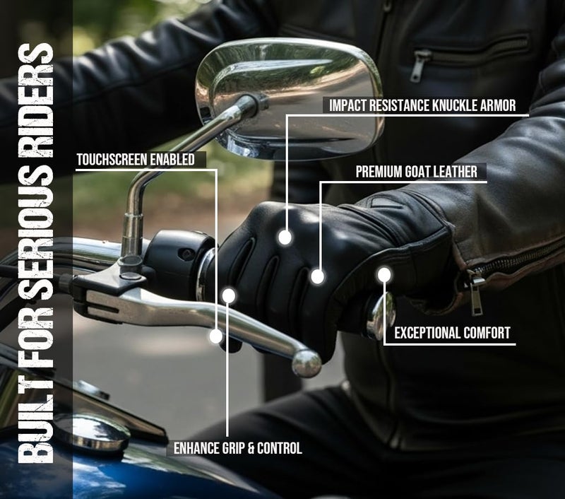 Jackets 4 Bikes Motorcycle Gloves - Premium Leather for Men Women, Touchscreen, Non-Slip, Motorbike Cruiser Street Biker Protector Black L - Image 4