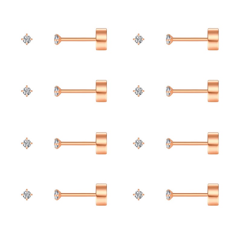 FOSIR Tiny Flat Back Earrings for Women Men 14K Gold Plated Stainless Steel Stud Earrings Hypoallergenic Cubic Zirconia Cartilage Earrings (Rose Gold, 2mm CZ) - Image 1