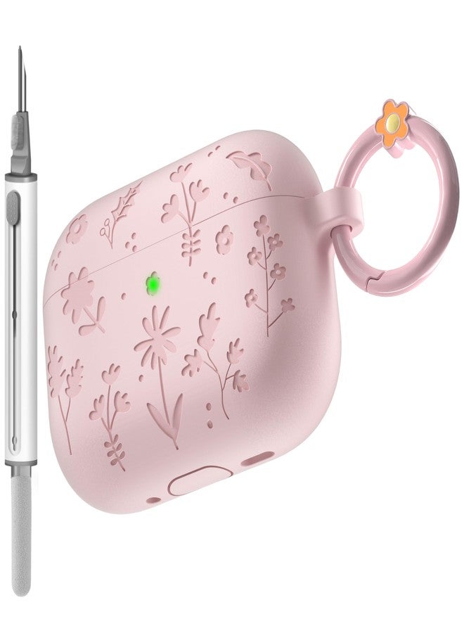 DamonLight for AirPods Pro 3 Case (2025) DamonLight Floral Engraved Shockproof Protective Soft Silicone Case Cover with Cleaning Pen and Floral Keychain for Apple Airpods Pro 3rd Generation (Pink) - Image 1