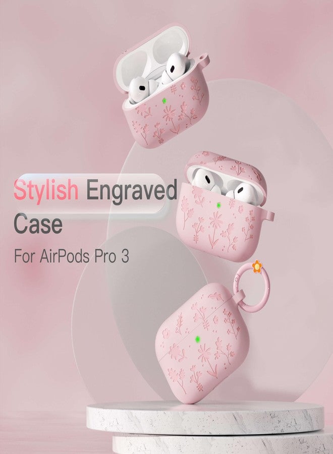 DamonLight for AirPods Pro 3 Case (2025) DamonLight Floral Engraved Shockproof Protective Soft Silicone Case Cover with Cleaning Pen and Floral Keychain for Apple Airpods Pro 3rd Generation (Pink) - Image 2