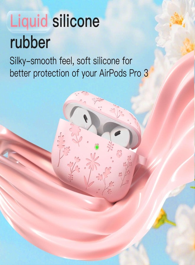 DamonLight for AirPods Pro 3 Case (2025) DamonLight Floral Engraved Shockproof Protective Soft Silicone Case Cover with Cleaning Pen and Floral Keychain for Apple Airpods Pro 3rd Generation (Pink) - Image 4