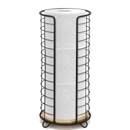 BROOKSTONE Stylish Toilet Paper Holder with Bamboo Base Freestanding Bathroom Tissue Organizer Minimalistic Storage Solution Modern Trending Design Holds Large Rolls Black - Image 3