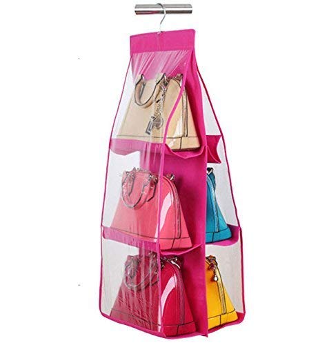 VEDVIT 6 Pockets Pouch Hanging Handbag Organizer Clear Purse Bag Collection Storage Holder Wardrobe Closet Space Saving Fabric for Living Room Bedroom Cupboards Bathroom Home Use Pack of 1 Pink - Image 1