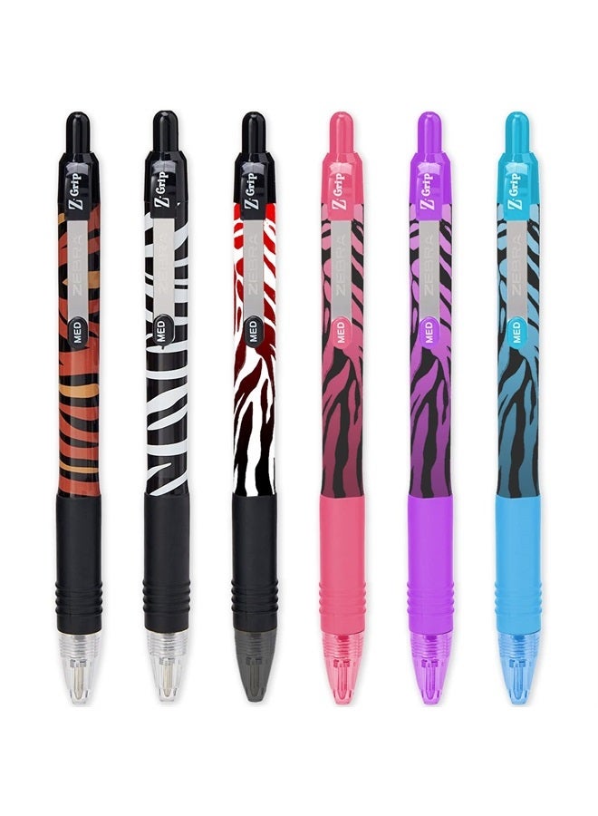 Zebra Pen Z-Grip Smooth - Retractable Ballpoint Pen - Pack of 6 - Stripe Pack - Animal Print + Funky Flames - Image 1
