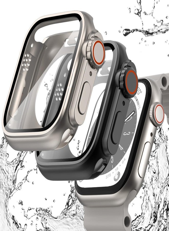 WINGLE 2 in 1 Waterproof Case for Apple Watch Series 9 8 7 45mm Screen Protector【Looks Like Apple Watch Ultra】, 2 Pack iWatch Face Cover + Back Bumper with Tempered Glass for Men, Titanium+Black - Image 1