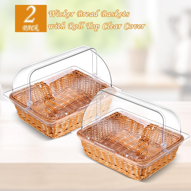 Ziliny 2 Set Wicker Bread Baskets for Serving with Clear Acrylic Roll Top Lid Woven Rattan Bread Basket Large for Fruit Food Easter Baby Shower Birthday Party Picnic(13.78 x 10.63 Inch,1 Compartment) - Image 4