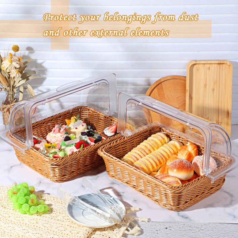 Ziliny 2 Set Wicker Bread Baskets for Serving with Clear Acrylic Roll Top Lid Woven Rattan Bread Basket Large for Fruit Food Easter Baby Shower Birthday Party Picnic(13.78 x 10.63 Inch,1 Compartment) - Image 5