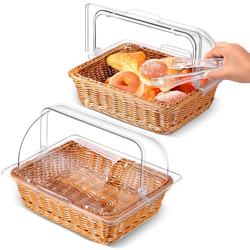 Ziliny 2 Set Wicker Bread Baskets for Serving with Clear Acrylic Roll Top Lid Woven Rattan Bread Basket Large for Fruit Food Easter Baby Shower Birthday Party Picnic(13.78 x 10.63 Inch,1 Compartment) - Image 1