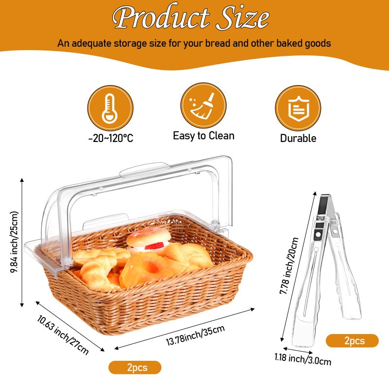 Ziliny 2 Set Wicker Bread Baskets for Serving with Clear Acrylic Roll Top Lid Woven Rattan Bread Basket Large for Fruit Food Easter Baby Shower Birthday Party Picnic(13.78 x 10.63 Inch,1 Compartment) - Image 2