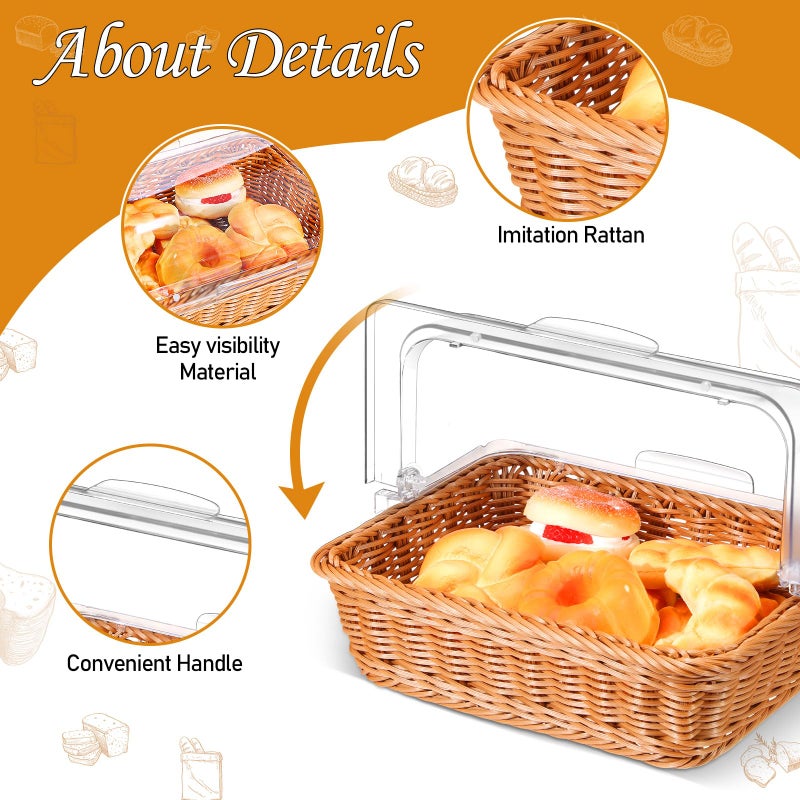Ziliny 2 Set Wicker Bread Baskets for Serving with Clear Acrylic Roll Top Lid Woven Rattan Bread Basket Large for Fruit Food Easter Baby Shower Birthday Party Picnic(13.78 x 10.63 Inch,1 Compartment) - Image 3