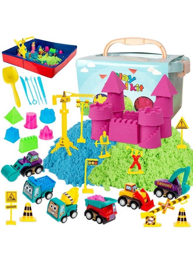 ThinkMax Sand For Kids 3Lbs Sand 6 Mini Construction Trucks Construction Toys And Signs Castle Sand Molds Tools Foldable Box And Storage Bin Tote 43Pcs Sand Toys Set For Boys Grils  - Image 1