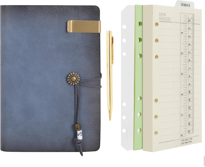 WONDERPOOL Leather Journal Lined Paper Notebook & Pen - Refillable 6 Ring Binder Writing Spiral Diary with Ruled Notepads Vintage Cover for Office Travel Work and Plan Agenda (a-Mist blue, A6) - Image 1