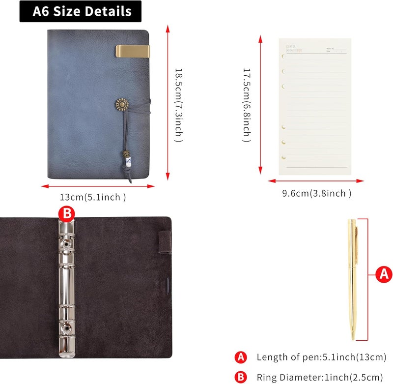 WONDERPOOL Leather Journal Lined Paper Notebook & Pen - Refillable 6 Ring Binder Writing Spiral Diary with Ruled Notepads Vintage Cover for Office Travel Work and Plan Agenda (a-Mist blue, A6) - Image 4