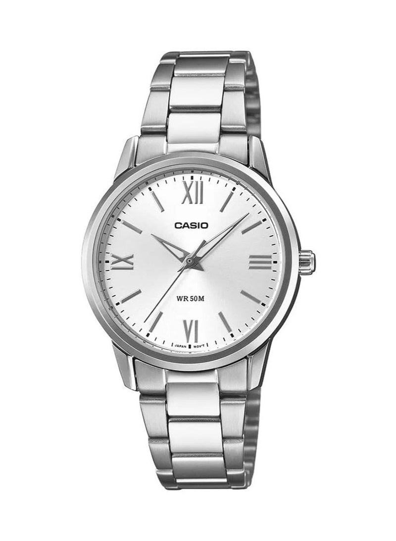 كاسيو Enticer Analog Women’s Watch LTP‑1303DD‑7AVDF, 35.5mm Silver Dial with Roman & Index Markers, Ion‑Plated Stainless Steel Case & Bracelet, 50 m WR - Image 1