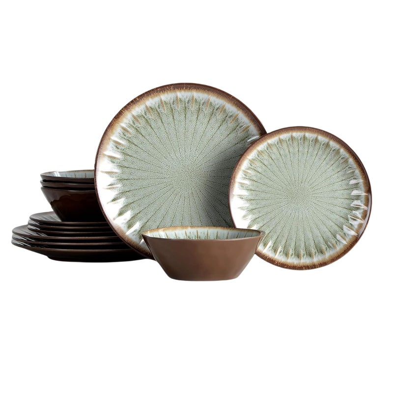 Gufaith Melamine Dinnerware Sets for 4,12 Pcs Party Plates and Bowls Sets,Outdoor Use Harvest Dinner Dishes Set,Great for RVs Camping,Lightweight Unbreakable,Dishwasher Safe,Sage Green - Image 1