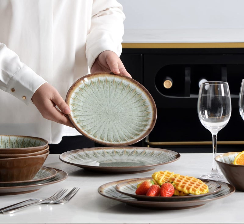 Gufaith Melamine Dinnerware Sets for 4,12 Pcs Party Plates and Bowls Sets,Outdoor Use Harvest Dinner Dishes Set,Great for RVs Camping,Lightweight Unbreakable,Dishwasher Safe,Sage Green - Image 3