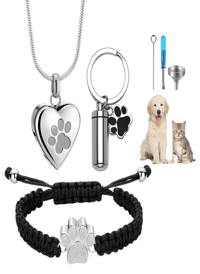 OIDEA Pet Cremation Jewelry Set for Ashes: 3 Pcs Paw Print Heart Urn Necklace Adjustable String Bracelet Urns Keychain Memorial Keepsake with Filling Kit for Cat & Dog Lover Sympathy Gifts - Image 1