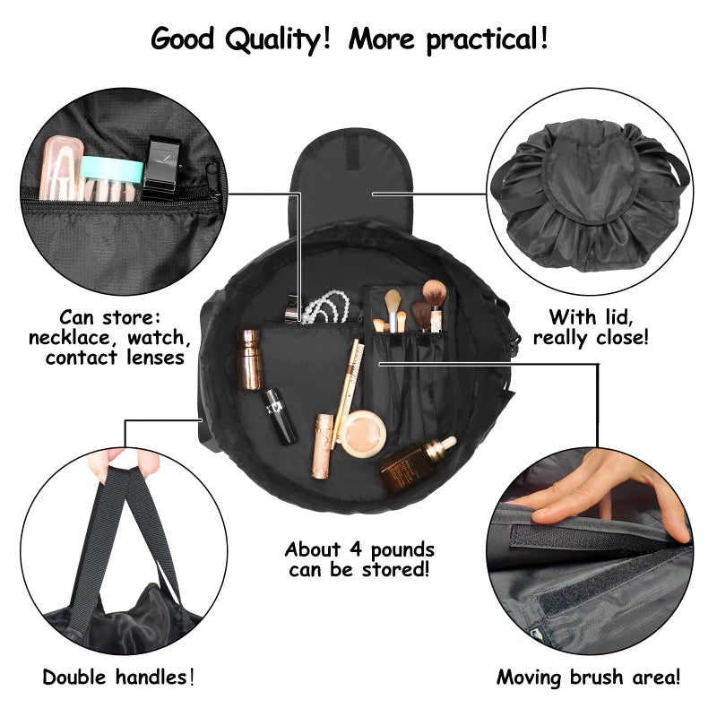 SUMBABO Drawstring Makeup Bag Open Flat â€“ Barrel Drawstring Cosmetic Bag for Women Toiletry Bag for Travel with Brush Bag (Black) - Image 5